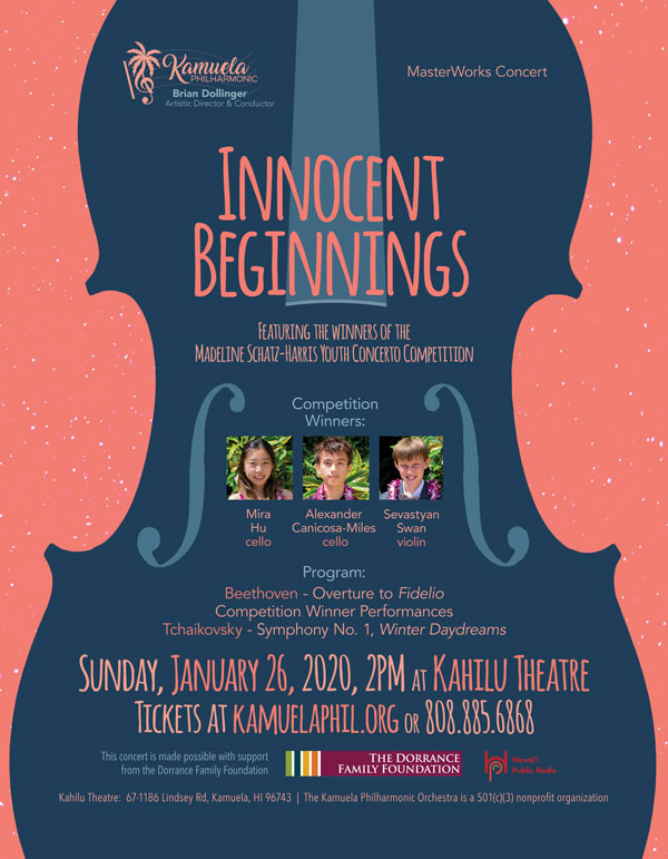 Poster for Kamuela Philharmonic's Innocent Beginnings concert at Kahilu Theatre in 2020