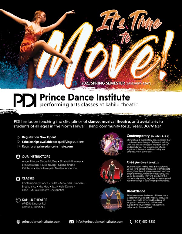 Poster for Prince Dance Institute's 2020-21 Spring Semester of Performing Arts Classes