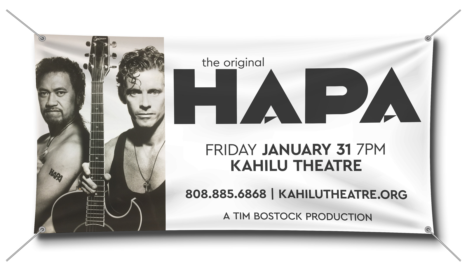 Hanging vinyl banner for Hapa presented by Tim Bostock